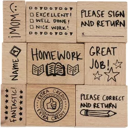 Blue Panda 9 Piece Set of Wood Teacher Stamps for Grading Homework, Classroom, Notes, Assorted Sizes