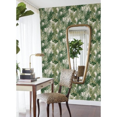 Green and White Vinyl Tropical Palm Leaf Peel & Stick Wallpaper