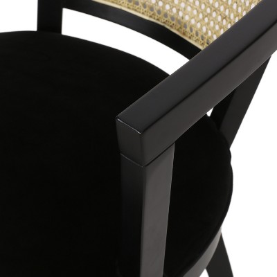 Black Velvet Upholstered Wood and Cane Arm Chair Set