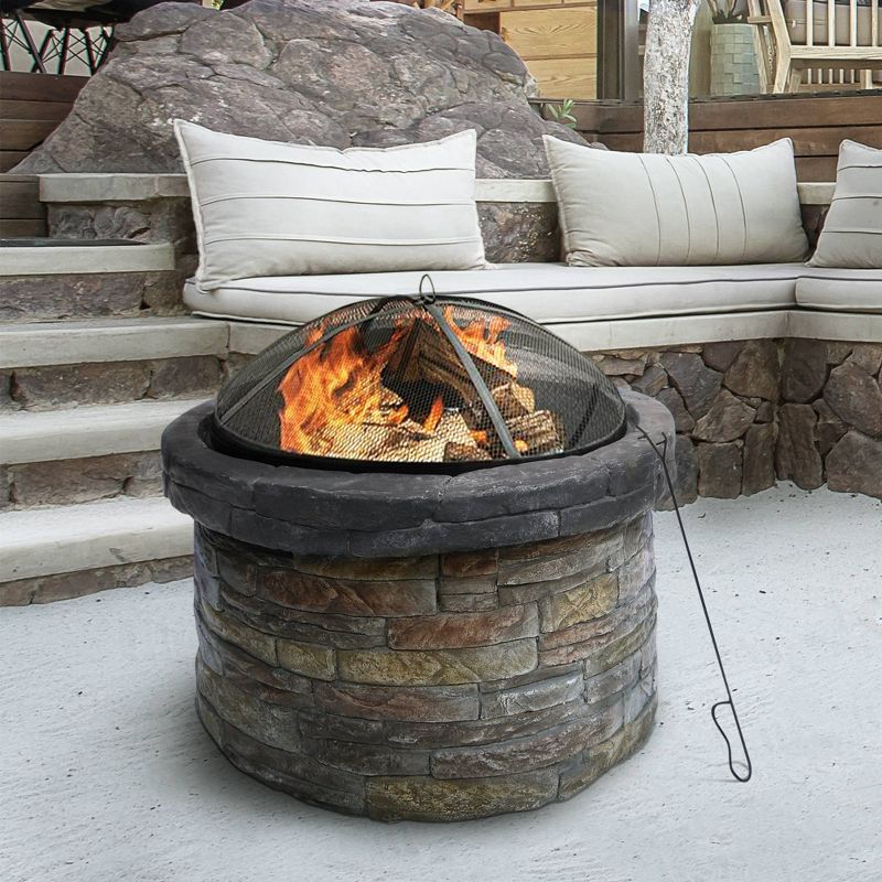 27&#34; Round Natural Stone Wood Burning Fire Pit with Steel Base - Teamson Home, 3 of 8
