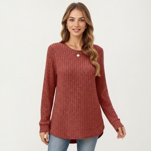 Anna-Kaci Women's Long Sleeve Ribbed Knit Top with Rounded Hem and Relaxed Fit - 1 of 4