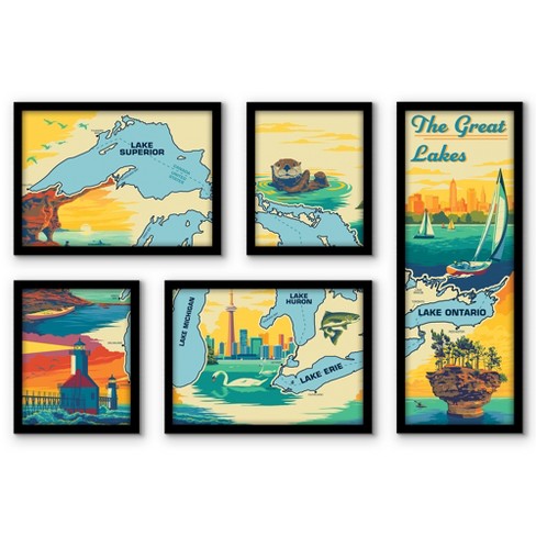 Americanflat The Great Lakes Map 5 Piece Grid Framed Print Wall Art Room  Decor Set - Modern Home Decor Wall Prints