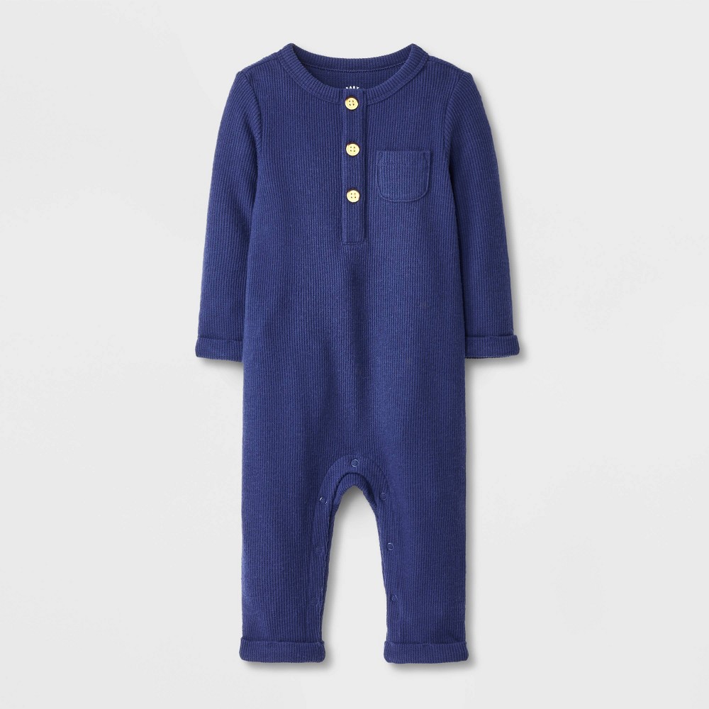 Baby Boys' Henley Cozy Long Sleeve Romper - Cat & Jack™ Navy Blue 12M