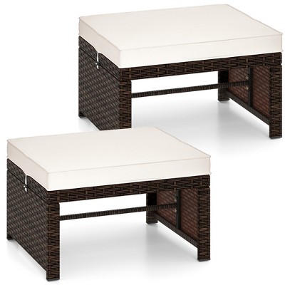 Tangkula Set of 2 Patio PE Rattan Ottomans w/ Soft Zippered Cushions for Deck Outdoor