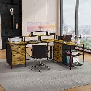 Racxily 114 Inch L-Shaped Desk with Power Outlets & USB-C, Industrial Computer Desk with 6 Fabric Drawers, Large Corner Office Desk, Rustic Brown - 1 of 4