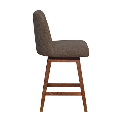 Brown Oak Wood Swivel Counter Stool with Taupe Boucle Fabric