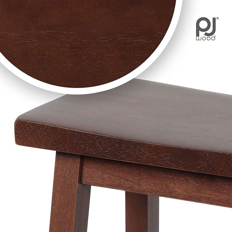 PJ Wood Classic Saddle-Seat 24" Tall Kitchen Counter Stools for Homes, Dining Spaces, and Bars w/ Backless Seats, 4 Square Legs, Walnut (Set of 10), 3 of 7