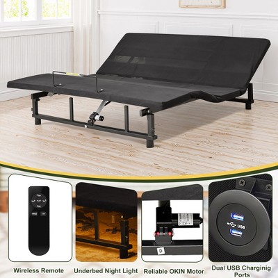 CENGHU Adjustable Bed Frame with 4 Ports USB, Under-Bed Nightlights, King Bed Frame with Wireless Remote Zero Gravity Quiet Motor, Antique Black