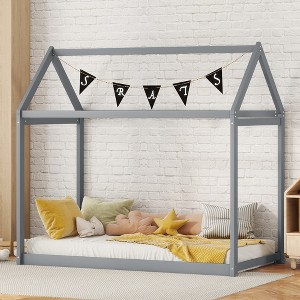 House Bed Frame With Roof, Twin Size Wooden House Bed Floor Beds, Fun Playhouse Bed Frames, For Kids Girls & Boys - 1 of 4