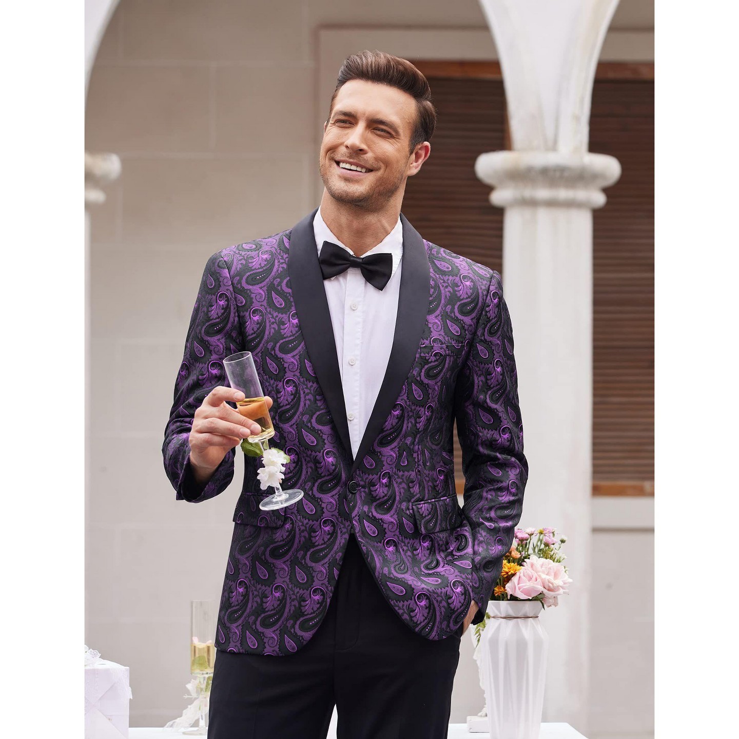 Мужской пиджак COOFANDY Floral Tuxedo Jacket Paisley Shawl Lapel Suit Blazer Jacket for Dinner Purple, цвет: С принтом — фото 2