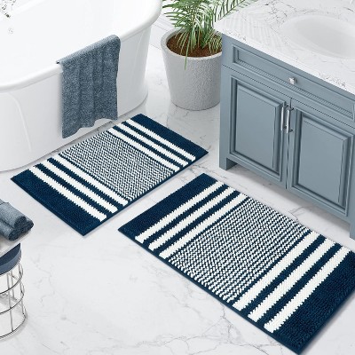 Attop Bathroom Rugs Set 2 Piece, Extra Soft and Absorbent Fluffy Striped Chenille Bath Mat Rug Set