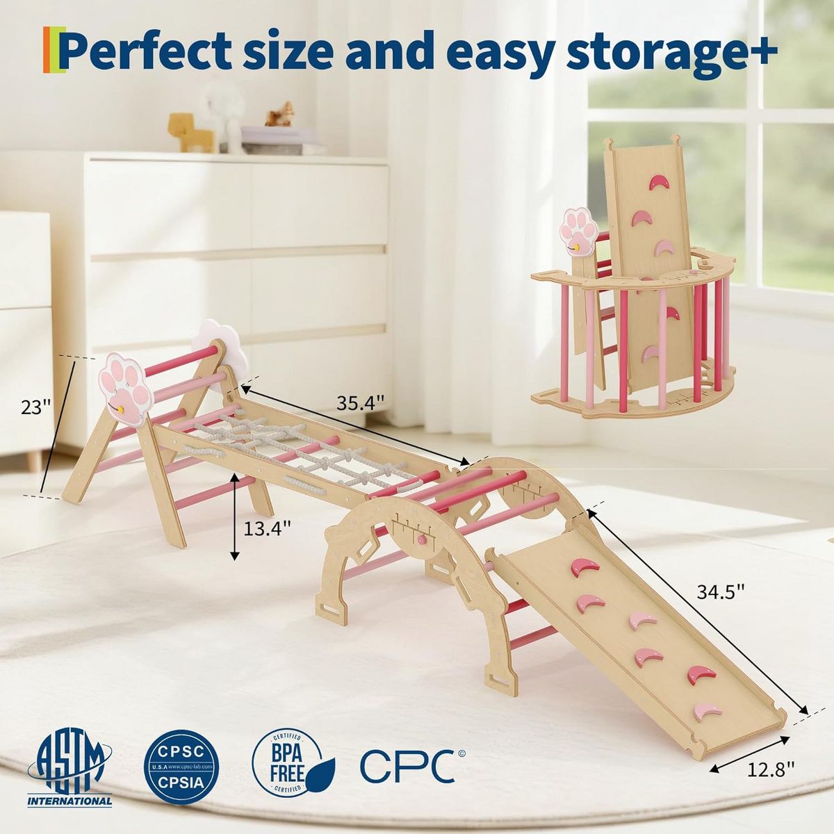 Wooden Climbing Triangle Set for Toddlers. 8-in-1 Foldable Play Gym with Slide. Arch & Rope Ladder. Indoor Jungle Gym for Kids 1+ Years - thumbnail 6