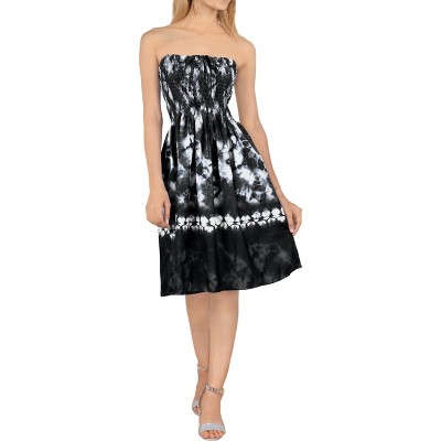 LA LEELA Women's House Daily Routine Evening Wear Boho Smocked Mini Swing Dress Tube Top Strapless Dresses for Women One Size Black, Tie Dye Design