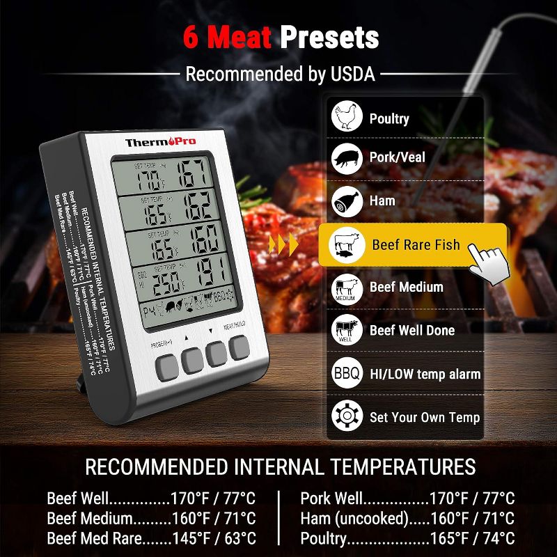 ThermoPro TP17HW 4 Probe Digital Meat Thermometer with Timer Mode and HIGH/LOW Alarms Grill Smoker Thermometer with Large Color Coded LCD Display and Backlight., 4 of 9