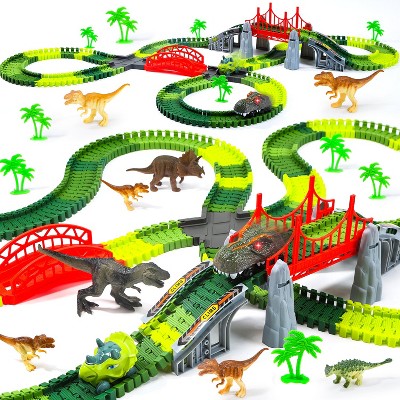 Skirfy 275 PCS Dinosaur World Race Track Toys, Flexible Dinosaur Train Tracks Playset with 2 Dinosaur Cars and 8 Dinosaur Figures