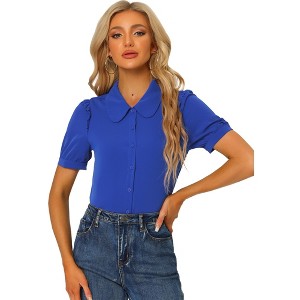 Allegra K Women's Peter Pan Collar Short Sleeve Button Front Work Shirt - 1 of 4