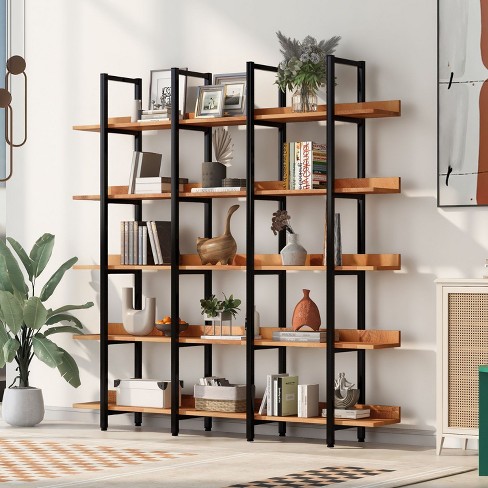 5 Tier Bookcase Home Office Open Bookshelf Vintage Industrial Style Shelf Wood And Metal Etagere Bookshelves For Home Decor Display wood the Pop Home Target