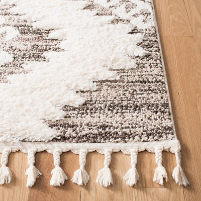 Ivory and Brown Diamond Shag Runner Rug with Tassels