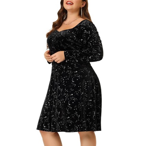 Agnes Orinda Women's Plus Size Outfits Fashion Sparkle Stars Stretch Velvet  Long Sleeve Dresses Black 4X