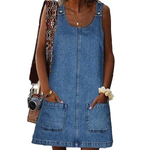 Women's Sleeveless Casual Denim Dress Crewneck Vintage Loose Jean Overall Dress with Pockets - 1 of 4