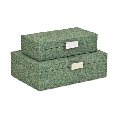 Cheung's Vyrna Doily Pattern Set of 2 Storage Boxes with Silver Handles - Green