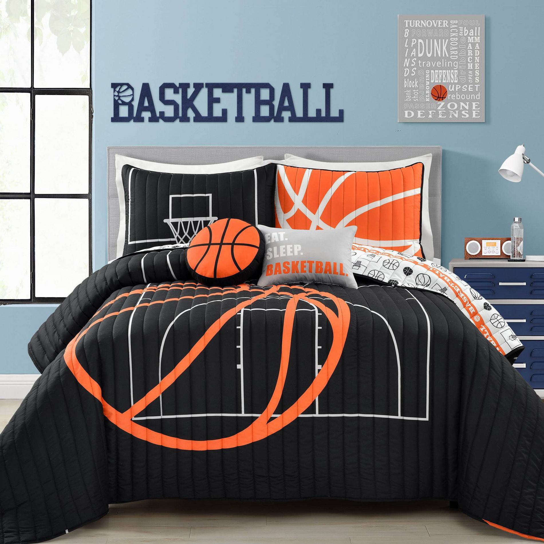 5pc Full/Queen Kids' Basketball Game Quilt Set Black - Lush Décor: Sports Bedding, Boys Room Decor, OEKO-TEX Certified