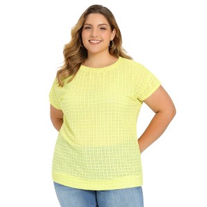 Women's Plus Size Hollow Boat Neck Raglan Sleeve Pointelle Knit Loose Casual Blouses - GRACE & GRANDEUR - 1 of 4