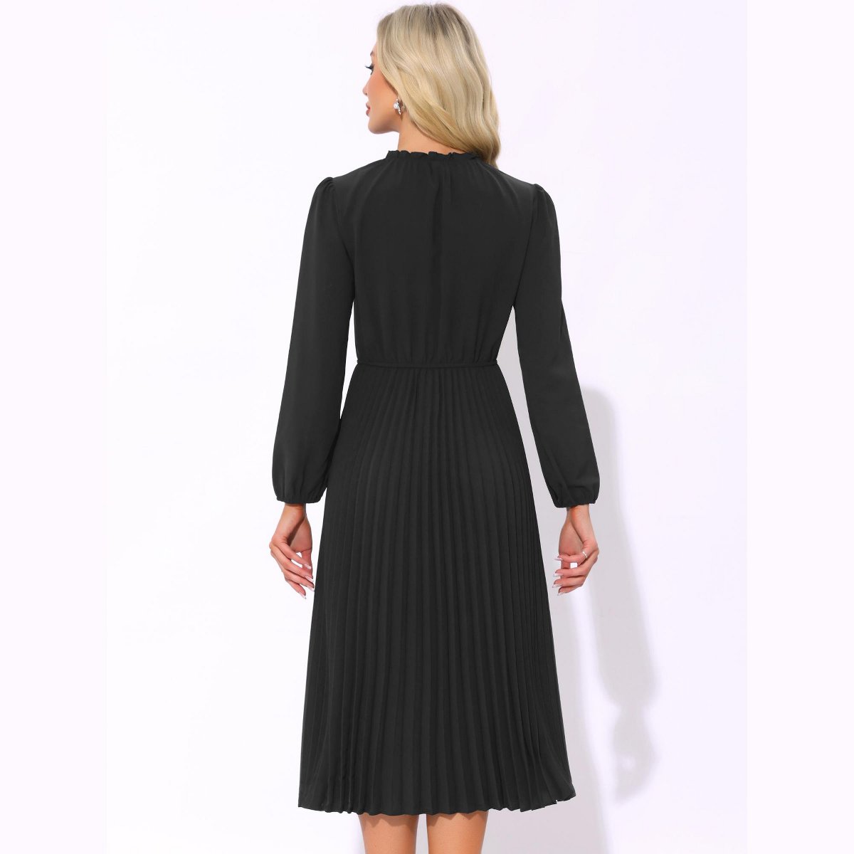 Женские платья INSPIRE CHIC Women's A-Line Flowy Long Sleeve Tie V Neck Pleated Midi Dress Black Large — фото 3