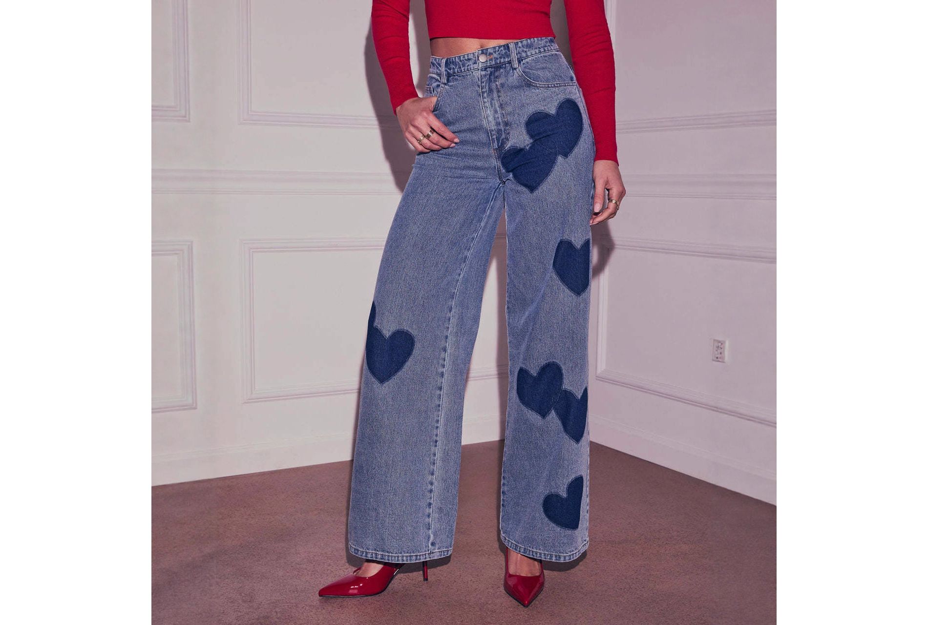 Coolmee Women's Straight Wide Leg Baggy Jeans High Waist Heart Jean Boyfriend Loose Denim Pants