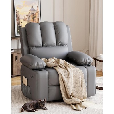 27"Oversized Manual PU Leather Recliner Chair with Cup Holders and Side Pockets, Ergonomic Design for Adults