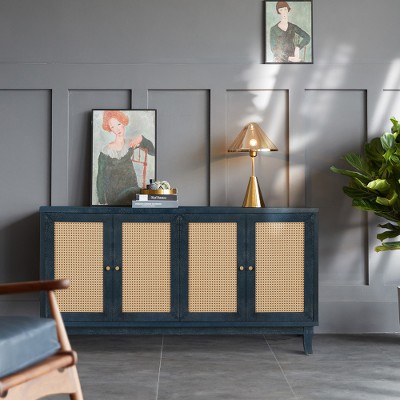LIVAREEmlen Rattan Sideboard Buffer Cabinet With 4 Rattan Doors, Modern Storage Cupboard Console Table with Adjustable Shelves for Living Room, Blue