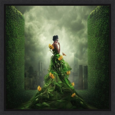 Green and Yellow Floral Canvas Wall Art Print with Black Frame