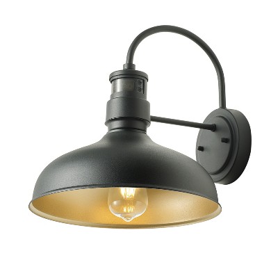 DewdropFarmhouse Barn Outdoor Wall Light 2 Light Industrial Gooseneck Arm Round Backplate Matte Black Gold Inner ETL For Patio Front Door