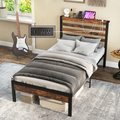 Costway Full Industrial Metal Platform Bed Frame Charging Station Mattress Foundation