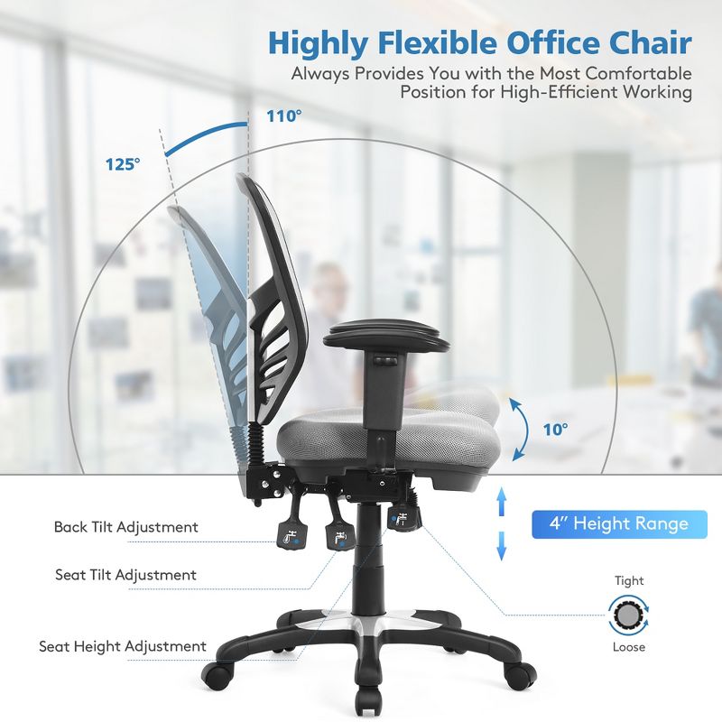 Costway Mesh Office Chair 3-Paddle Computer Desk Chair w/ Adjustable Seat, 5 of 11