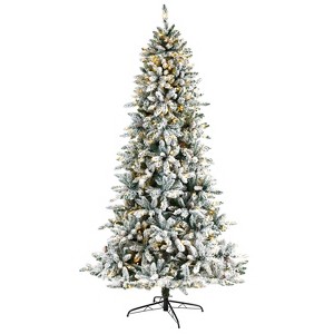 8ft. Flocked Fir Artificial Christmas Tree with Pine Cones & 500 Clear Warm LED Lights – Snowy Winter Wonderland X-Mas Tree - 1 of 4