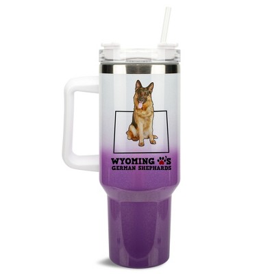 Elanze Designs The Cowboy State Wyoming Loves German Shepherds Purple and White Double Wall Stainless Steel Insulated Travel Tumbler with Lid and