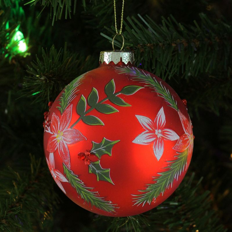 Northlight 4" Red Poinsettia and Holly Glass Christmas Ball Ornament, 2 of 5