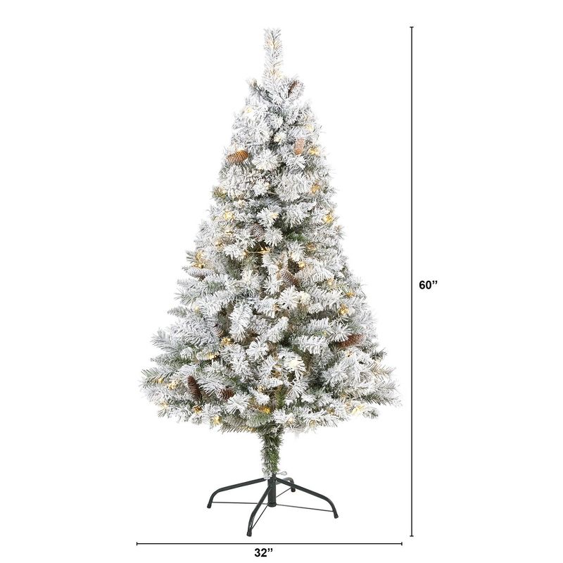 Nearly Natural 5-ft Flocked White River Mountain Pine Artificial Christmas Tree with Pinecones and 150 Clear LED Lights, 2 of 8