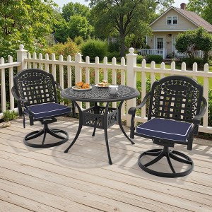 3-Piece Round Cast Aluminum Patio Set with Swivel Chairs,Blue Cushions,and Umbrella Hole - 1 of 4