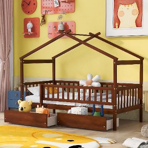 CAVINAS Twin Size Bed Frame, Wooden House Bed with 2 Drawers, House-Shaped Floor Bed for Kids, Teens, Girls, Boys, Floor Platform Bed - 1 of 4