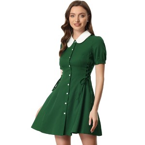 INSPIRE CHIC Women's Vintage Peter Pan Collar Short Sleeve Button Down A-Line Mini Dress - 1 of 4