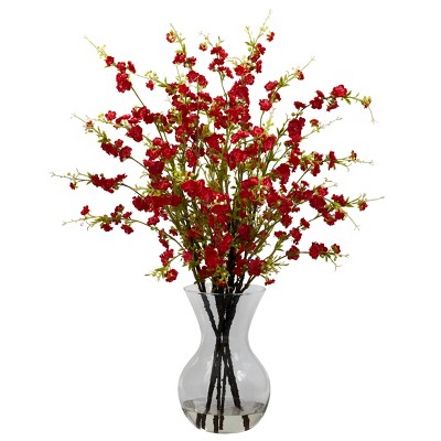 Nearly Natural Cherry Blossoms with Vase Arrangement, Red