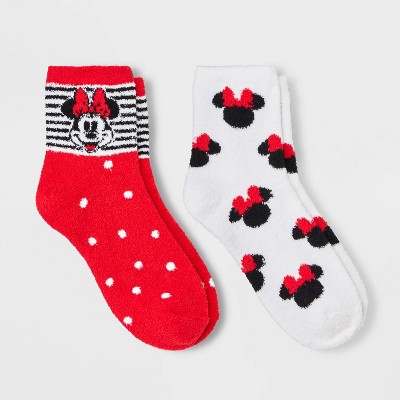 Women's 2pk Minnie Mouse Cozy Ankle Socks - Red/White 4-10