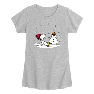 Girls' - Peanuts - Snoopy Woodstock Snowman Short Sleeve Graphic T-Shirt - 1 of 3
