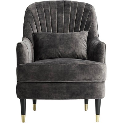 Charcoal Gray Velvet Handcrafted Accent Chair with Lumbar Pillow