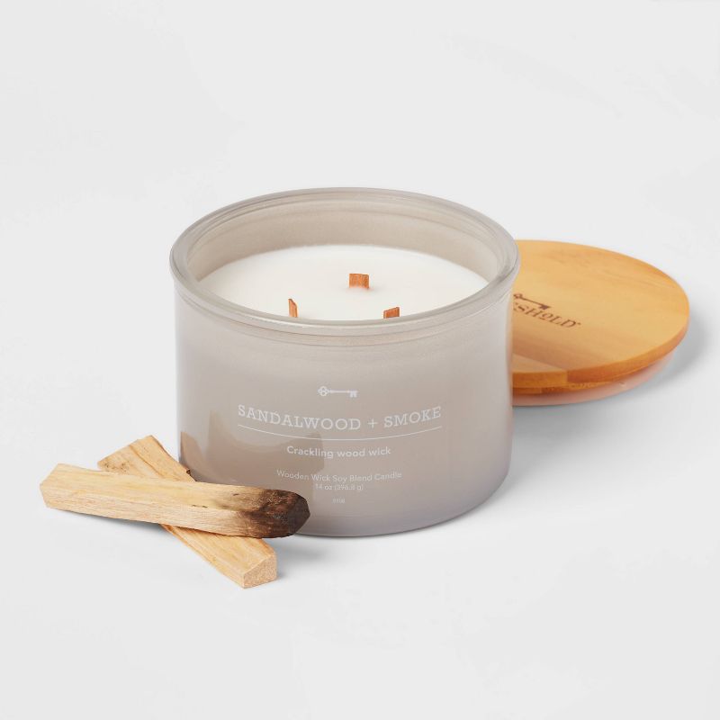 14oz Lidded Gray Glass Jar Crackling Wooden 3-Wick Candle with Clear Label Sandalwood + Smoke - Threshold&#8482;, 4 of 5