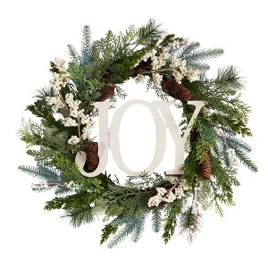 Nearly Natural 24” Christmas Joy Greenery Holiday Artificial Wreath - 1 of 4