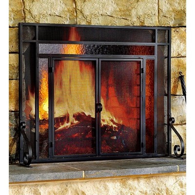 Plow & Hearth - 2-Door Steel Fireplace Fire Screen with Tempered Glass Accents, Black