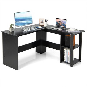Tangkula L-Shaped Office Computer Desk w/ Spacious Desktop & 2-Tier Open Shelves Black - 1 of 4